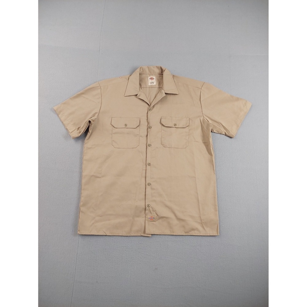 Dickies Men Shirt L Khaki Tan L Pocket Button Up Short Sleeve Collared Workwear